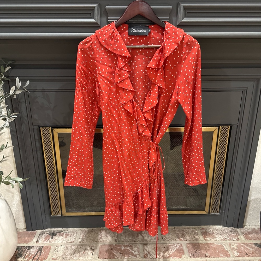 Realisation Par Red Polka Dot Ruffle Wrap Mini Dress